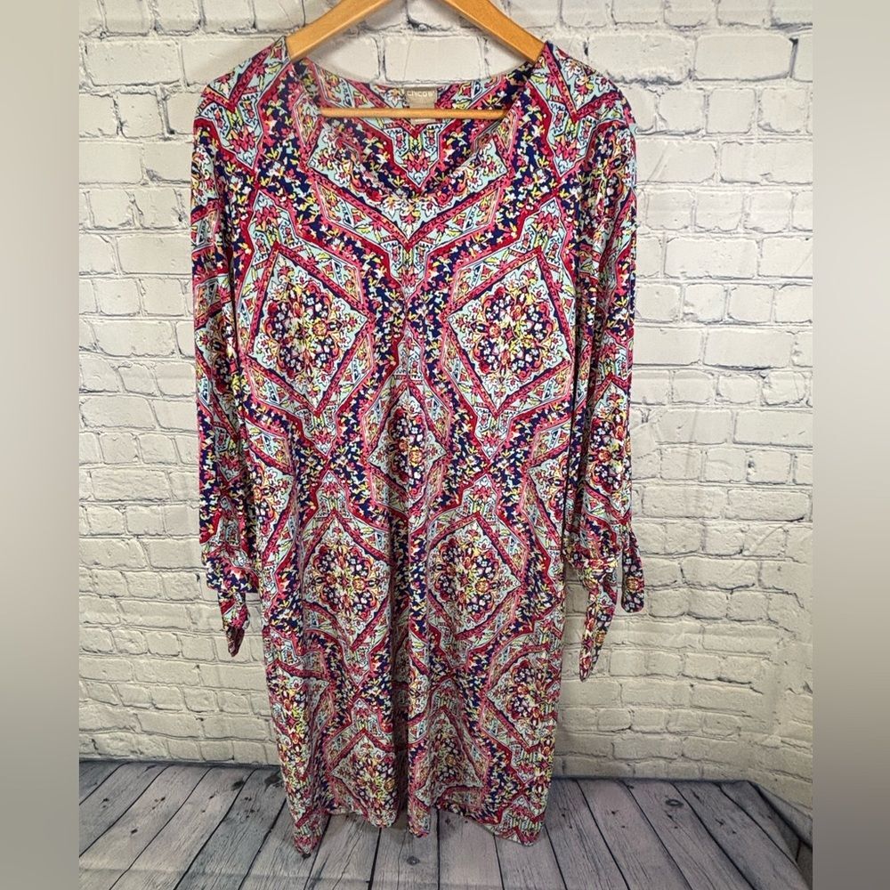 Chico's Pink Blue Jersey Knit V Neck Knotted Sleeve Shift Beach Party Dress L
